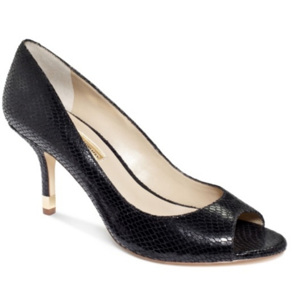 INC Deidra Black Open Toe Leather Snake Pumps, Size 9M